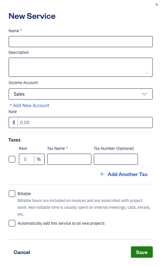 New service form with fields to fill out.