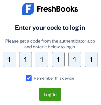 Login page with six digit code entered in the fields.