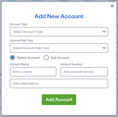 Add new account with fields to fill out.